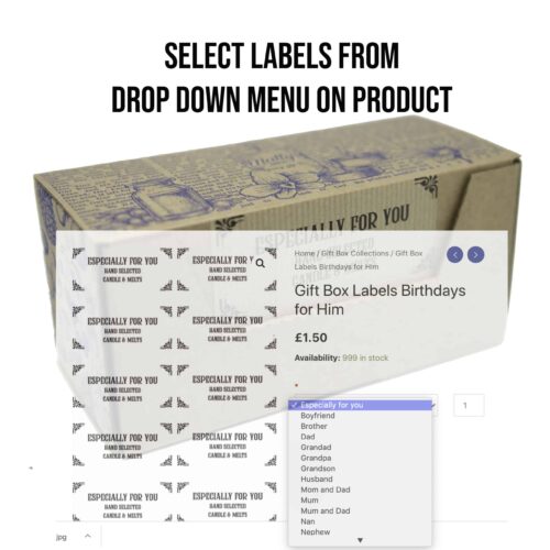 A product image showing a gift box in the background with a closer view of Birthdays for Him Gift Box Labels saying various messages such as "Especially for you" in the foreground. Perfect for birthdays, you can select label options like Brother, Sister, Dad, or Him from the drop-down menu on the right.