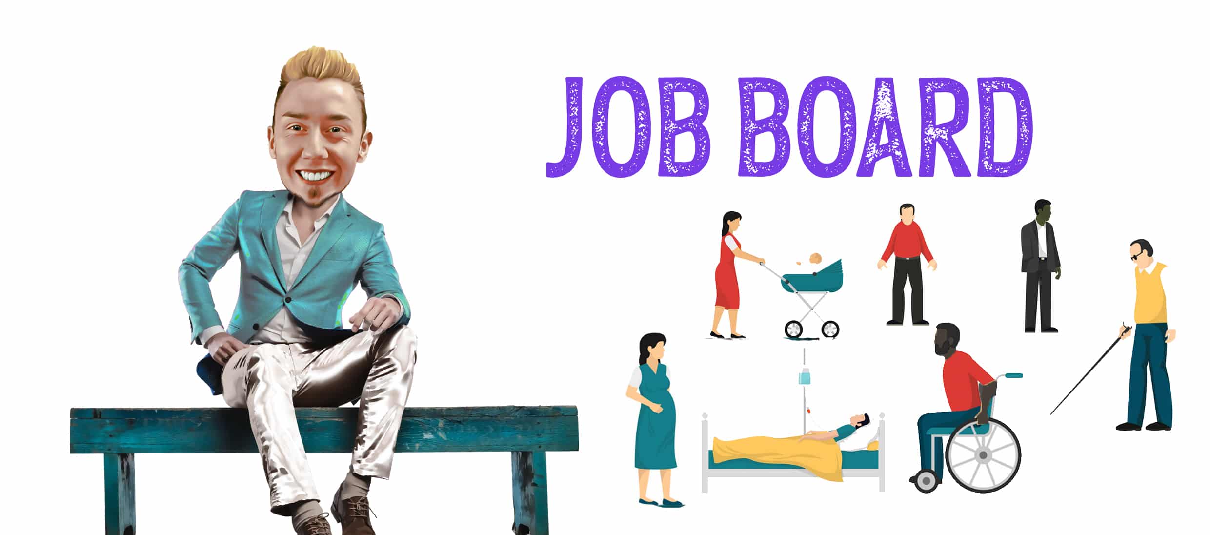 A caricature of a smiling person in a blue suit sitting on a teal bench appears on the left. On the right, the title "Job Board" is written in purple, accompanied by illustrations of people in various caregiving roles, such as pushing strollers, helping patients, and assisting with mobility impairments. Add relevant keywords to enhance your job application visibility.