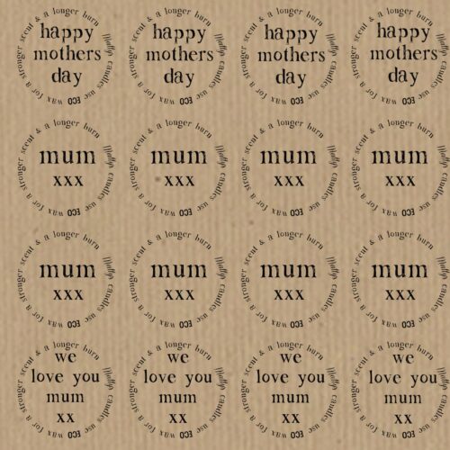 A repeating pattern of round, vintage-style Happy Mothers Day Mum Lid Labels on a burlap background. The lid labels contain messages for Mother's Day: "happy mothers day," "mum xxx," "we love you mum xxx," and "another year has gone by my love for you grows stronger with every day.