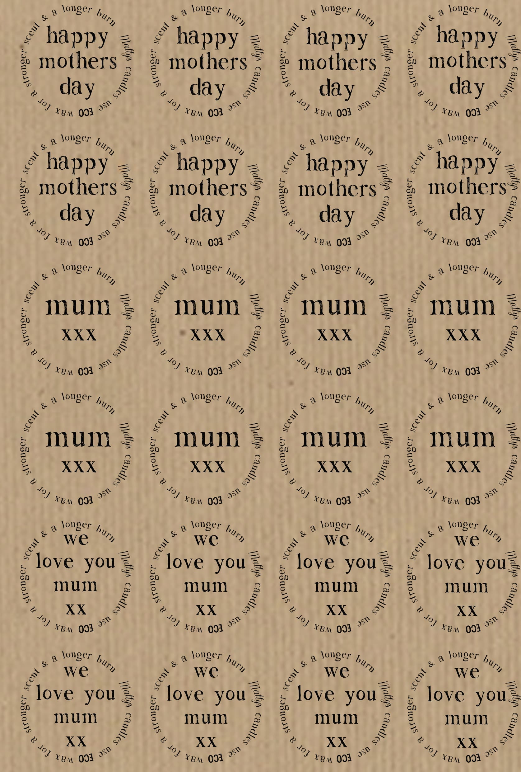 A repeating pattern of round, vintage-style Happy Mothers Day Mum Lid Labels on a burlap background. The lid labels contain messages for Mother's Day: "happy mothers day," "mum xxx," "we love you mum xxx," and "another year has gone by my love for you grows stronger with every day.