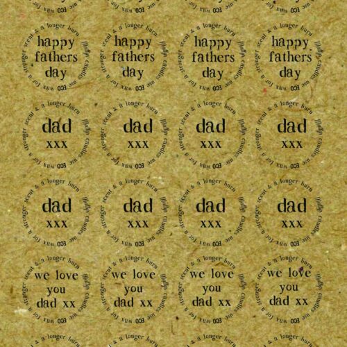 A sheet with 24 circular stickers featuring three different messages: "Happy Fathers Day," "Dad xxx," and "We love you Dad xxx." The text is elegantly printed on a brown, textured background that resembles craft paper. Perfect as Happy Fathers Day Dad Lid Labels, each message is repeated eight times in rows.