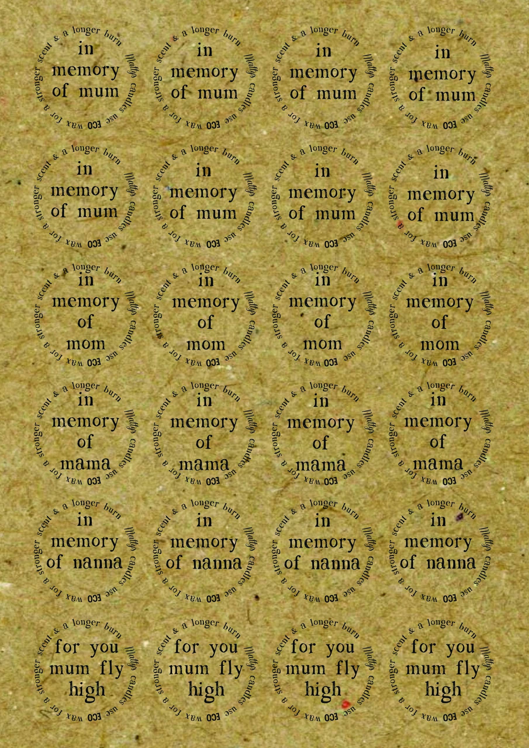 A grid of round **In Memory Mothers Day Mum Lid Labels** on a brown textured background. Each label reads "In memory of mum/mom/mama/nanna/nan" or "For you mum fly high," encircled by the words "never lost" and "a longer kiss." Ideal for Mother's Day, the phrases and designs are repeated in multiple rows.