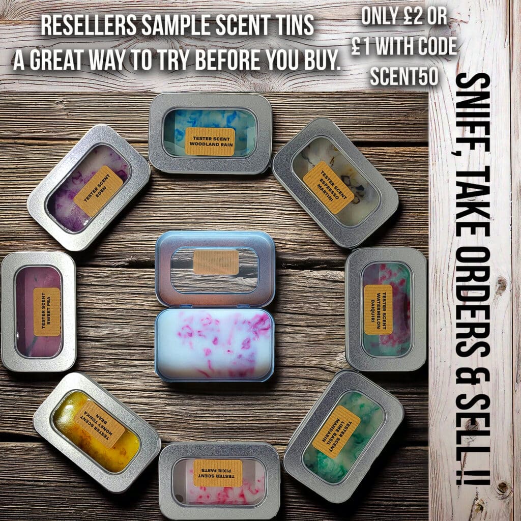 A display of nine small, rectangular scent tins with various colorful contents. Text on the image promotes reseller sample scent tins, offering a discount code "SCENT50" for £1 each. The background is wooden, with promotional text on the right.