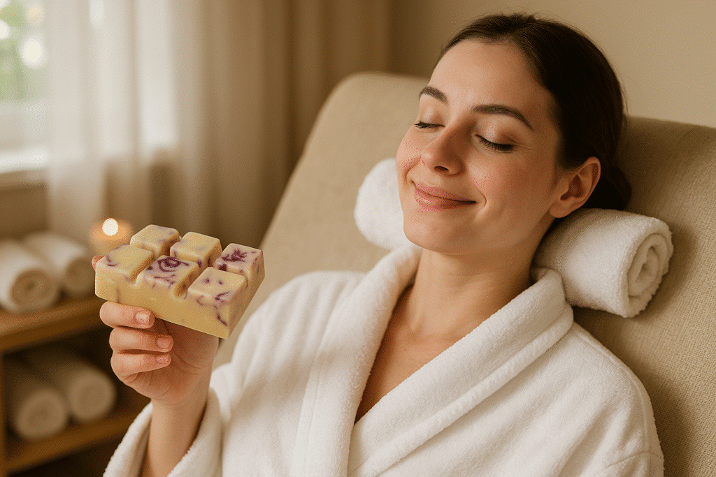 A woman in a white bathrobe relaxes on a lounge chair with a rolled towel behind her neck, smiling and holding a decorative bar of soap in a softly lit spa setting, where gentle scents from reusing wax melts fill the air.