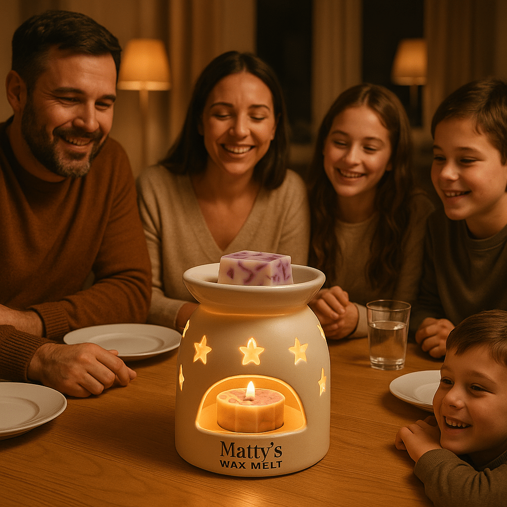 A smiling family sits around a dinner table with empty plates, enjoying time together. In the center is a glowing wax melt warmer labeled "Matty’s Wax Melt," filled with non-toxic wax melts and decorated with star cutouts and a lit candle inside.