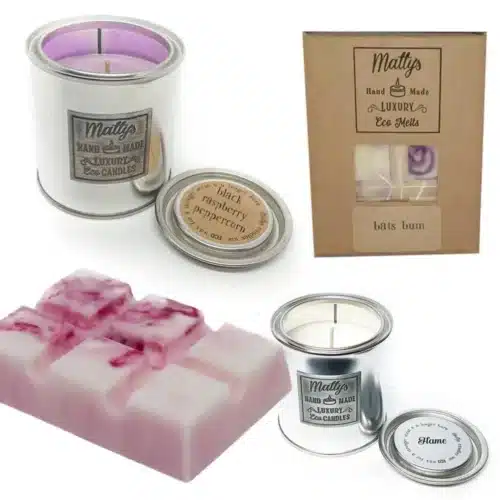A collage of handmade candle tins, wax melts in pink and white swirls, and a brown box labeled “Luxury Eco Melts.” Each candle tin has a label and a removable lid.