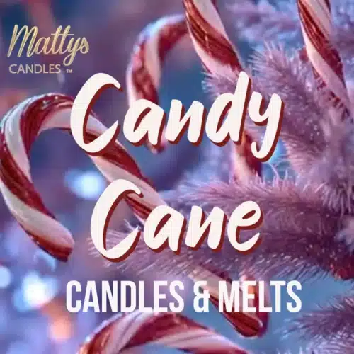 Close-up of red and white candy canes hanging on a pink, frosted Christmas tree branch. Text reads: “Matty’s Candles. Candy Cane Scented Candle. Candles & Melts.”.