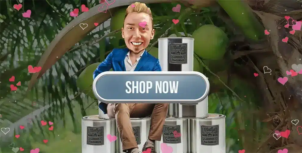 A cartoon-style man in a blue jacket sits on canned goods with a "SHOP NOW" button in front; pink hearts float around, green coconuts and candles and wax melts brighten the background.