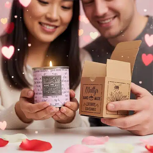 A smiling couple holds a lit luxury eco candle and its open box, surrounded by heart-shaped lights, rose petals, and elegant candles and wax melts, creating a warm, romantic atmosphere.