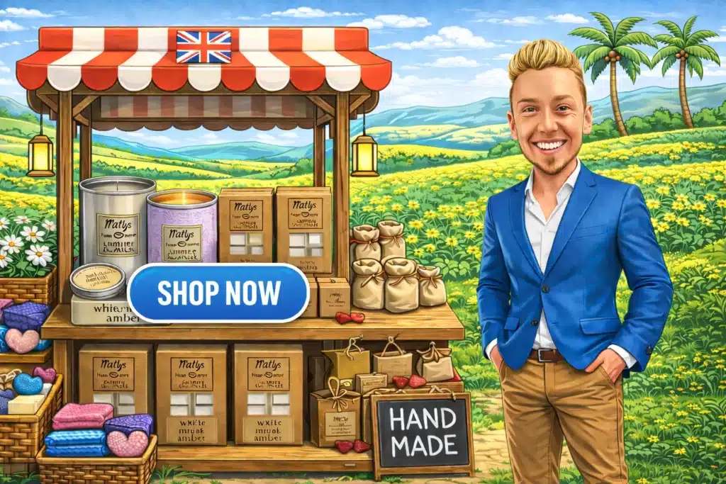 A smiling man in a blue blazer stands next to a market stall selling handmade soap, candles, and wax melts with "Shop Now" and "Hand Made" signs. The scene is outdoors with hills, trees, and a British flag on the stall.
