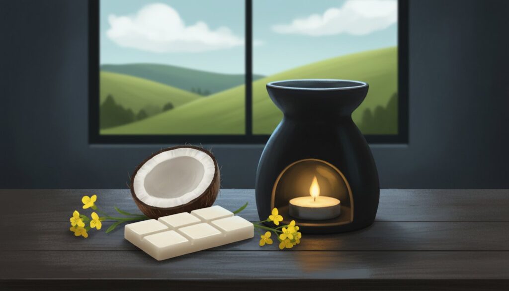 A black oil burner with a lit tealight candle sits on a table next to a halved coconut, a white chocolate bar, and small yellow flowers. A window shows green hills and a partly cloudy sky in the background.