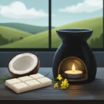 A black oil burner with a lit tealight candle sits on a table next to a halved coconut, a white chocolate bar, and small yellow flowers. A window shows green hills and a partly cloudy sky in the background.