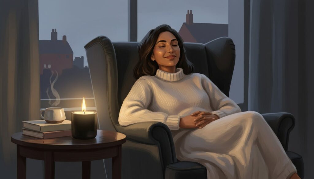 A woman in a cosy white jumper relaxes in an armchair by a window at dusk, eyes closed and smiling. A lit candle, books, and a steaming mug sit on a nearby side table, creating a warm, peaceful atmosphere.