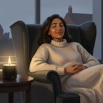A woman in a cosy white jumper relaxes in an armchair by a window at dusk, eyes closed and smiling. A lit candle, books, and a steaming mug sit on a nearby side table, creating a warm, peaceful atmosphere.