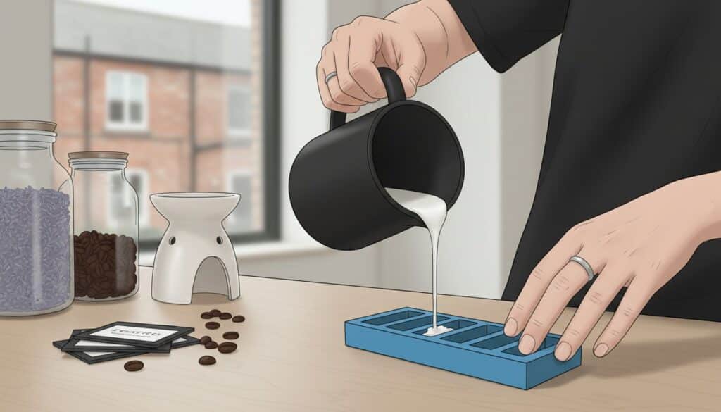 A person pours white liquid from a black jug into a blue ice cube tray on a kitchen worktop, with jars, coffee beans, cards, and a window in the background.