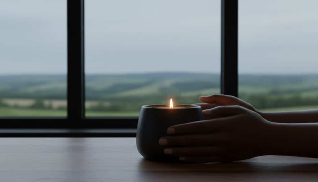 A pair of hands gently holds a black candle with a small flame, placed on a wooden surface in front of a window overlooking a serene, green landscape.