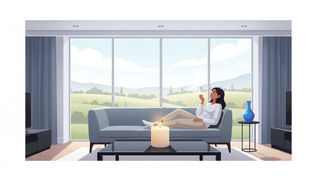 A woman relaxes on a sofa with a hot drink in a bright living room, large windows showing a scenic landscape. A lit candle and a blue vase are on the coffee table in front of her.