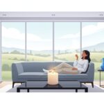 A woman relaxes on a sofa with a hot drink in a bright living room, large windows showing a scenic landscape. A lit candle and a blue vase are on the coffee table in front of her.