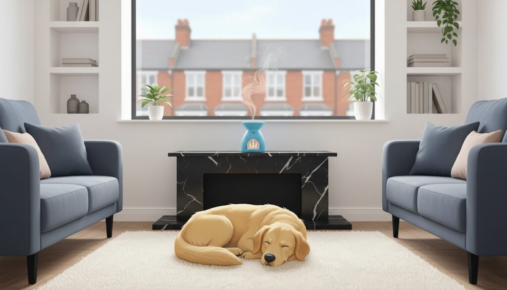 A golden retriever sleeps on a white rug in a cosy living room with blue sofas, a black fireplace, and an aroma diffuser on the mantelpiece. Large window shows houses outside.