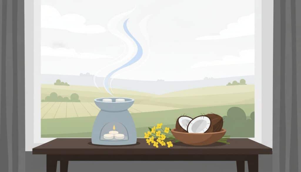 A candle warmer with steam rising sits on a table by a window. Next to it is a bowl holding halved coconuts and yellow flowers. Outside, green fields and hills stretch under a cloudy sky.