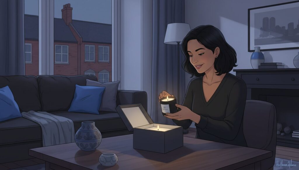 A woman with short dark hair sits at a table in a cosy living room at night, smiling as she lights a candle from a box. The room is softly lit, with blue accents and large windows showing houses outside.