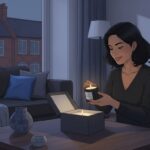 A woman with short dark hair sits at a table in a cosy living room at night, smiling as she lights a candle from a box. The room is softly lit, with blue accents and large windows showing houses outside.