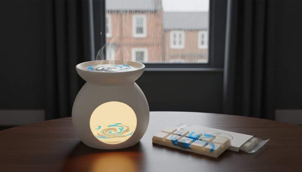 A lit wax melt burner emits steam on a wooden table near a window with raindrops. White wax melts with blue swirls and packaging sit beside it. Houses are visible outside the rainy window.