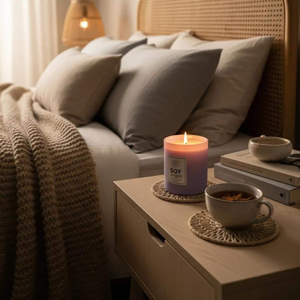 A calming bedroom with a lavender soy candle on a bedside table, promoting relaxation and tranquility