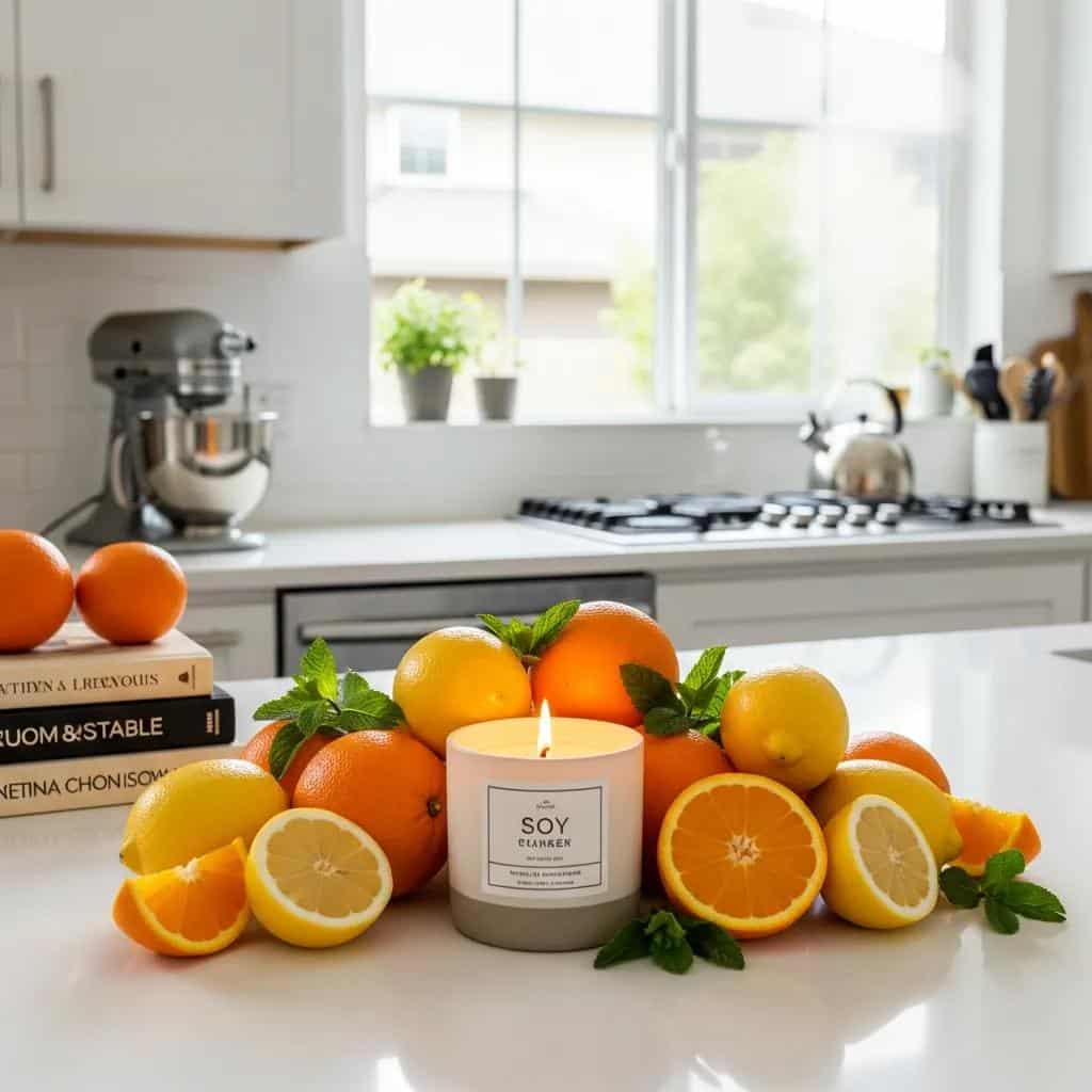 A vibrant kitchen with a citrus-scented soy candle, surrounded by fresh fruits, enhancing the cooking experience