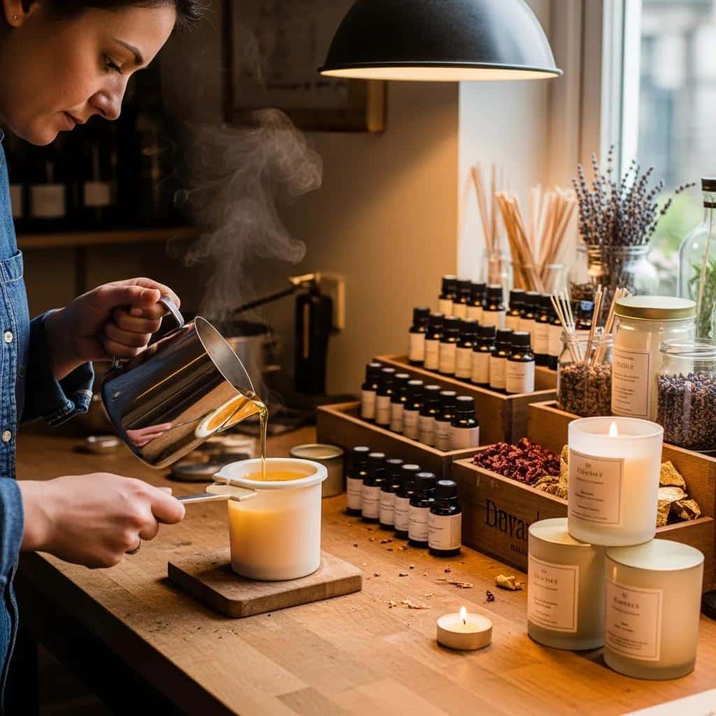 Artisan hand-pouring wax into a mold, illustrating the craftsmanship behind luxury scented candles