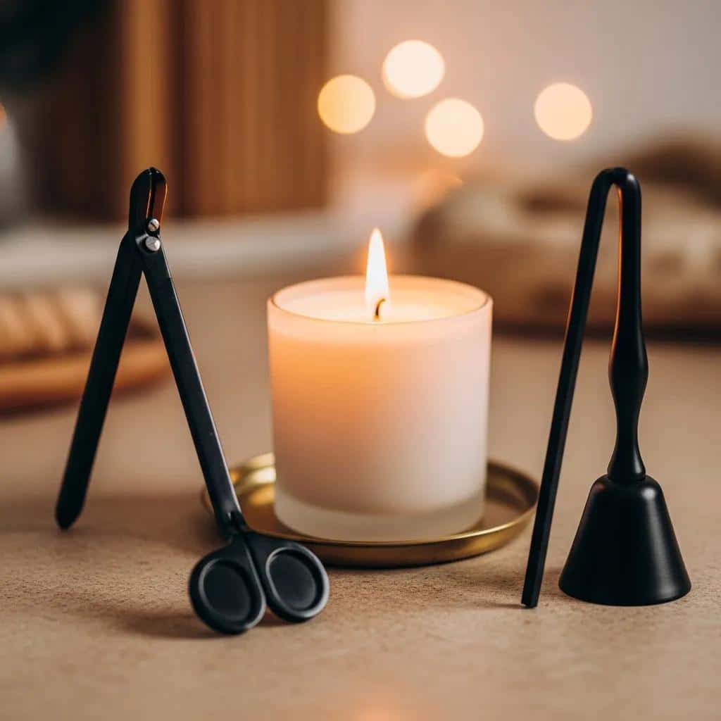 Candle care tools and a lit soy candle, illustrating essential tips for maintaining fragrance and safety