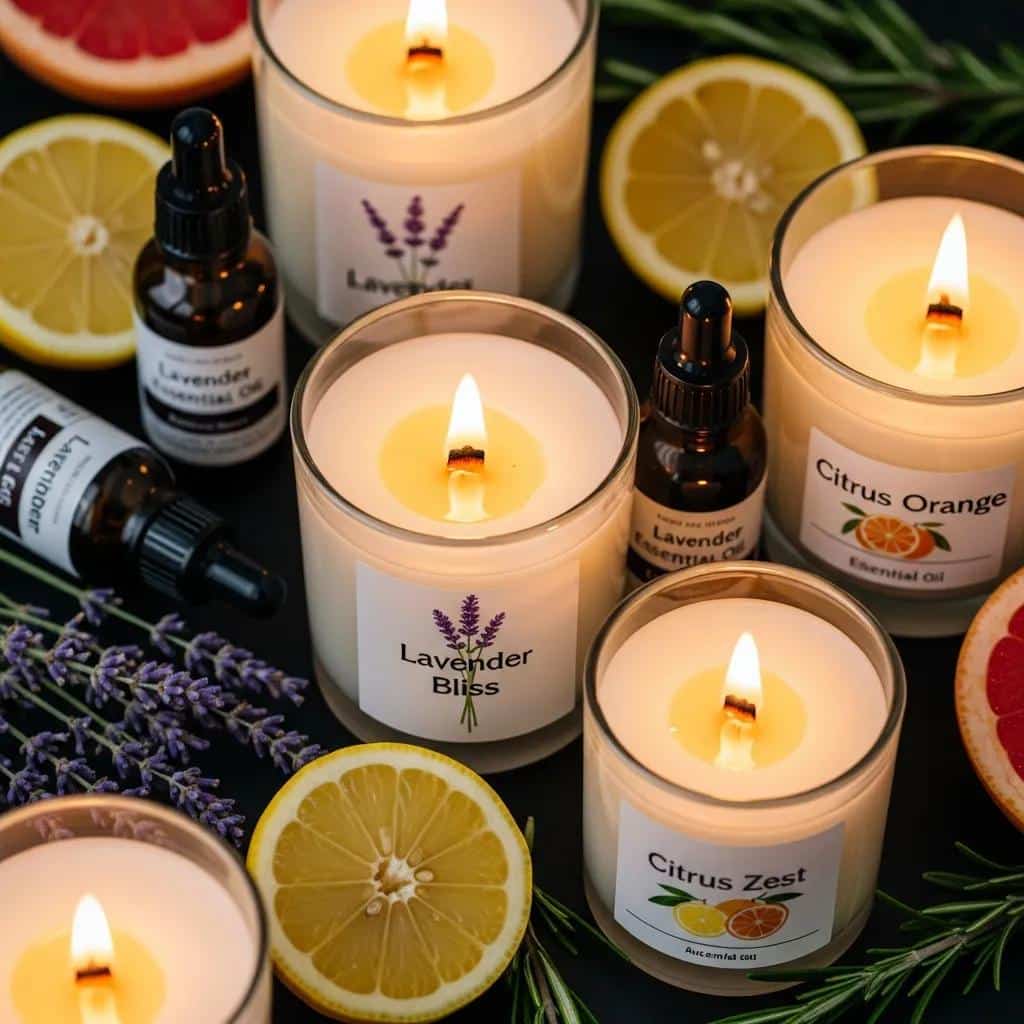 Close-up of lit soy wax candles with essential oils, highlighting natural ingredients and soothing ambiance