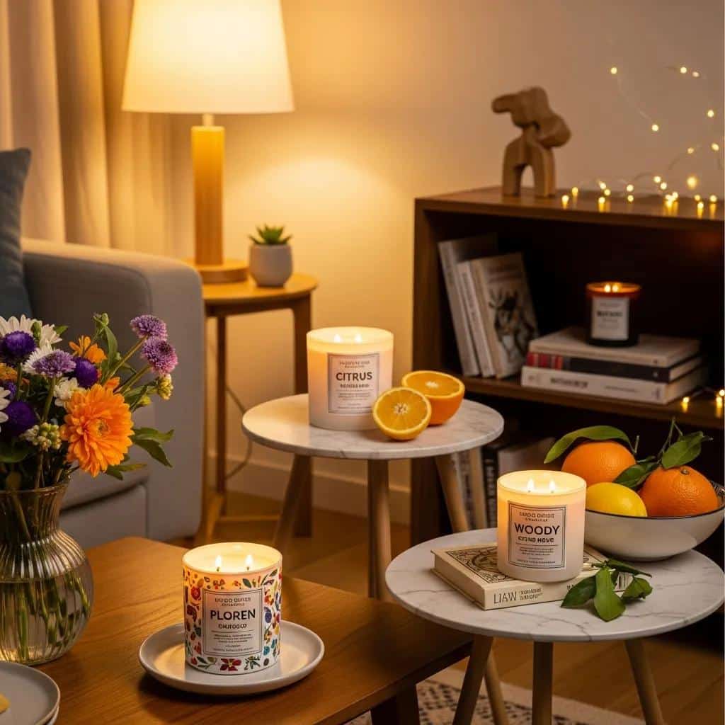 Cozy living room with floral, citrus, and woody scented candles in their respective settings