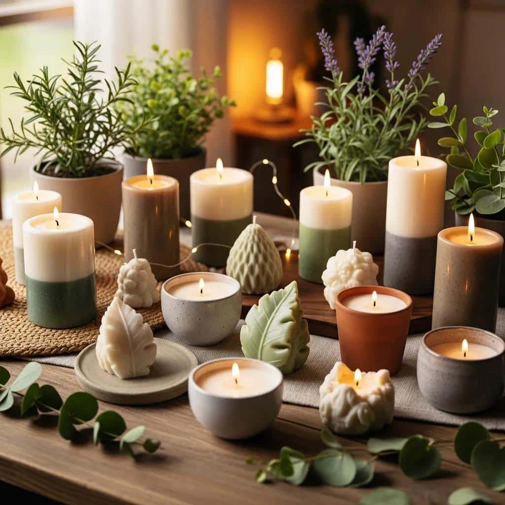 Eco-friendly and handmade candles displayed on a rustic wooden table, emphasizing sustainability and quality