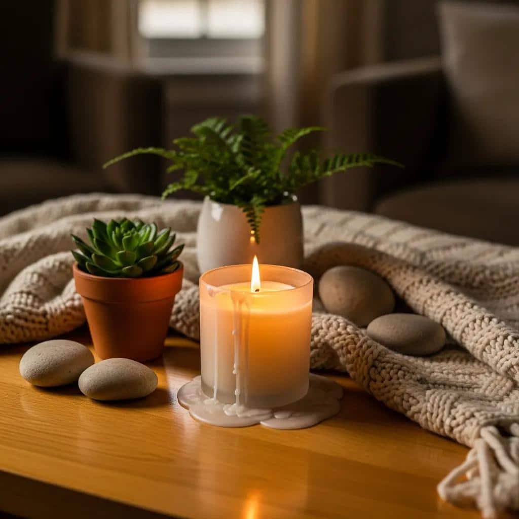Eco-friendly candle glowing warmly on a wooden table surrounded by plants and textiles