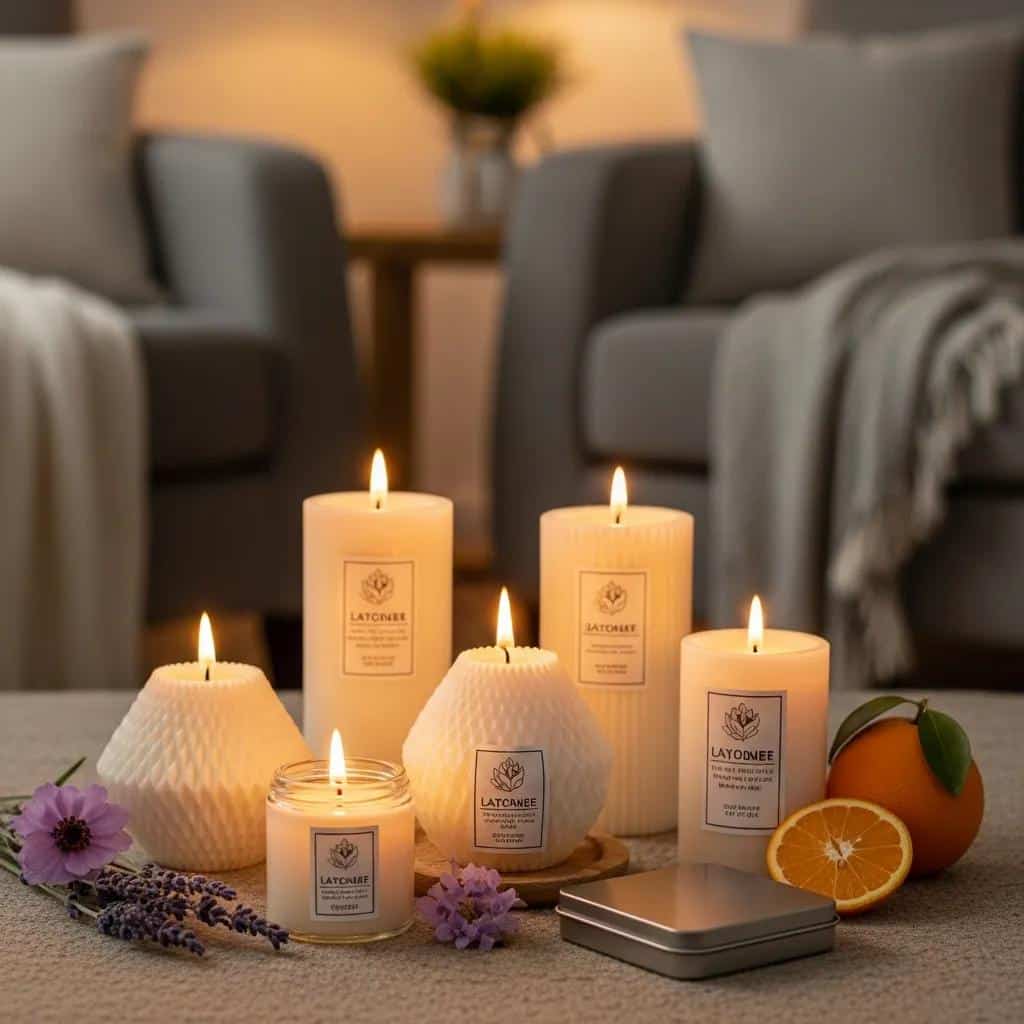 Eco-friendly candles in a cozy living room, showcasing natural soy wax and inviting scents