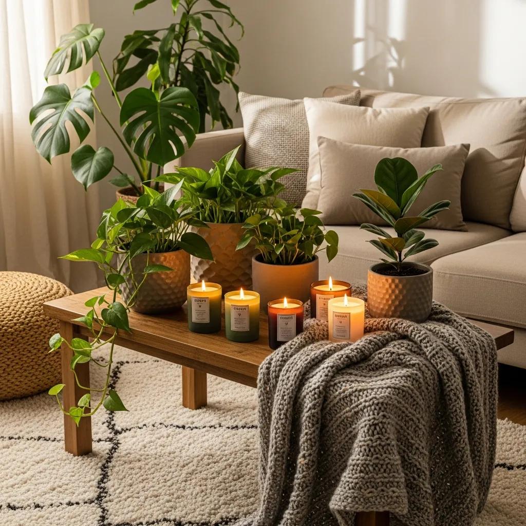 Eco-friendly scented candles in a cozy living room, enhancing the inviting atmosphere