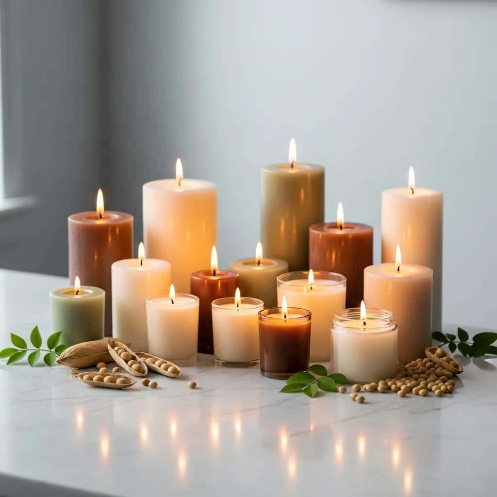 Elegant display of lit soy wax candles on a marble countertop with natural elements