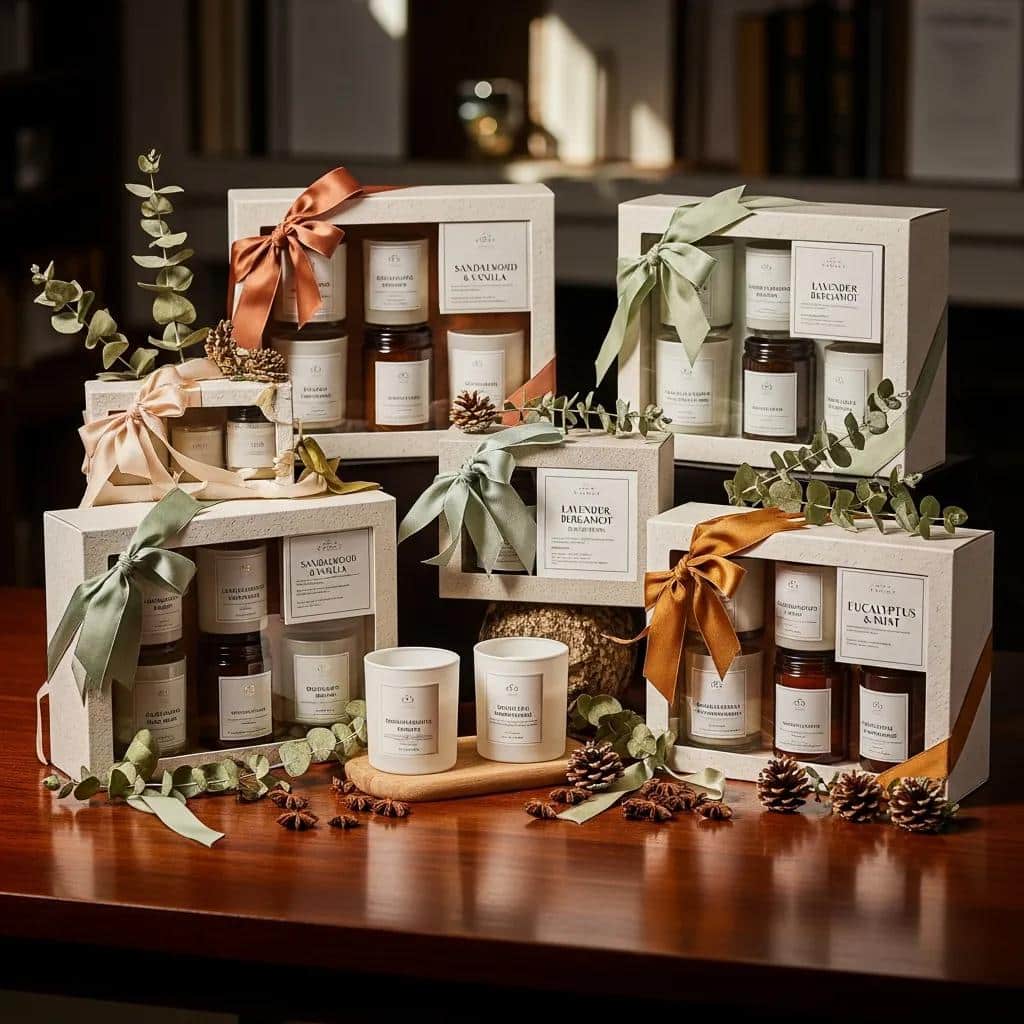 Luxury candle gift sets elegantly packaged in eco-friendly materials, showcasing a variety of scents and styles