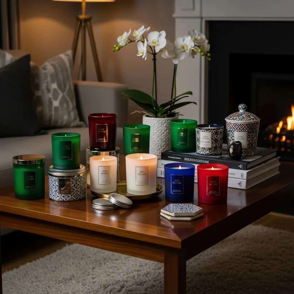 Luxury scented candles displayed in a cozy living room, highlighting their elegant designs and vibrant colors