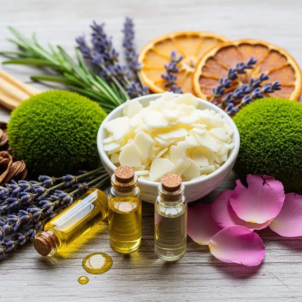 Natural ingredients for luxury scented candles, including soy wax and essential oils, emphasizing eco-friendliness