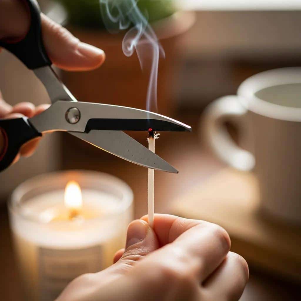 Person trimming a cotton candle wick with scissors in a cozy workspace