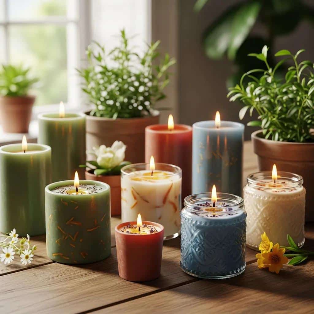 Variety of eco-friendly scented candles on a wooden table with natural light and plants