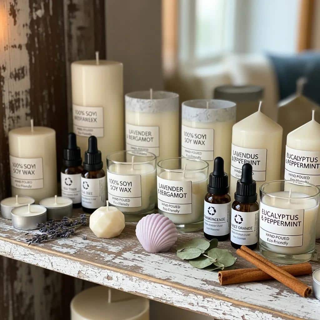Variety of soy wax candles and essential oils, emphasizing sustainable home fragrance options