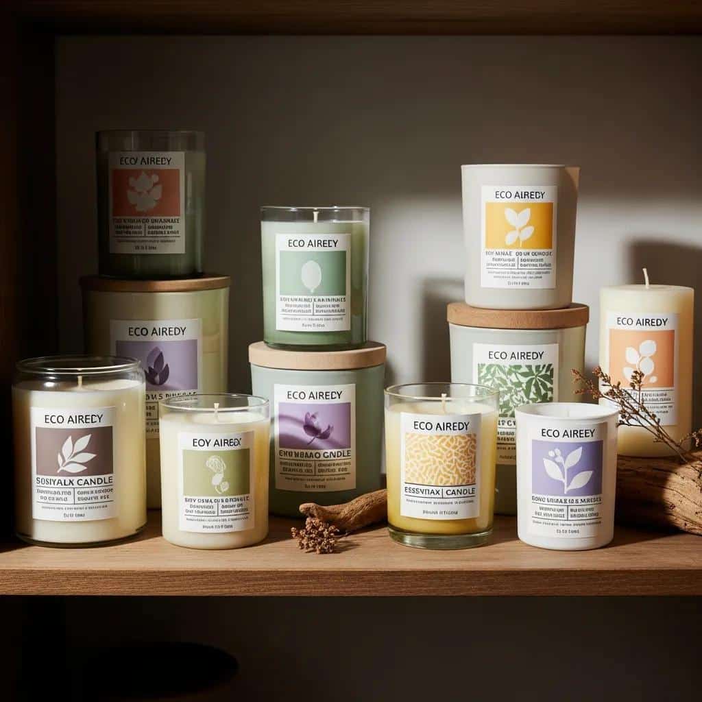 Various eco-friendly candles neatly stored on a shelf in ideal conditions