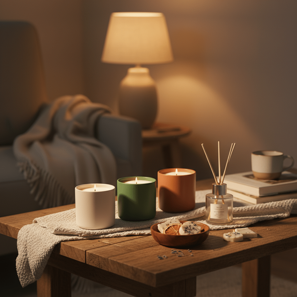 A cosy living room scene with three lit candles in white, green, and terracotta containers on a wooden coffee table, surrounded by a lamp, mug, books, diffuser, dried fruit, and biscuits.