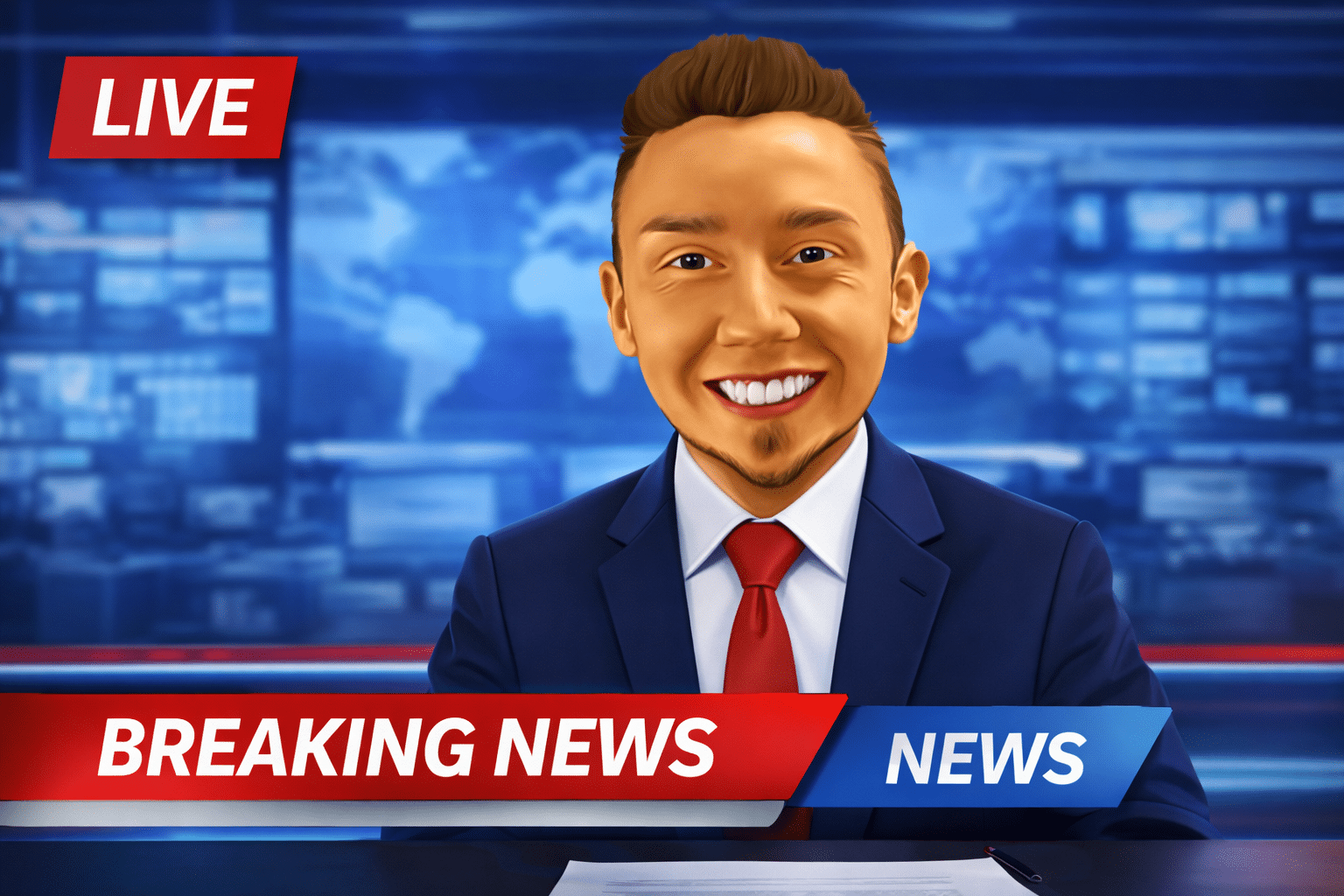 A smiling male newsreader in a suit and red tie sits at the News Desk with "LIVE" and "BREAKING NEWS" graphics displayed. The background features a busy newsroom with screens, a world map, and dynamic lights.