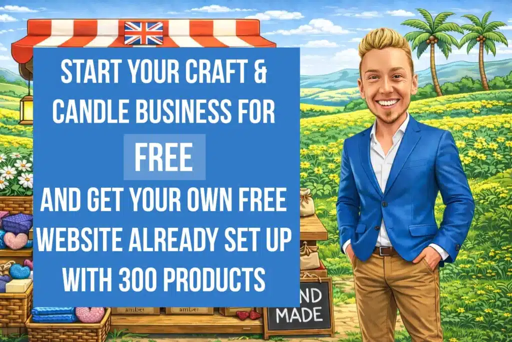A smiling man in a blue blazer stands before a craft stall with a British flag awning in a bright countryside setting. A sign reads: "Start your craft & candle business for free, and buy wax melts in bulk to get your own free website with 300 products.